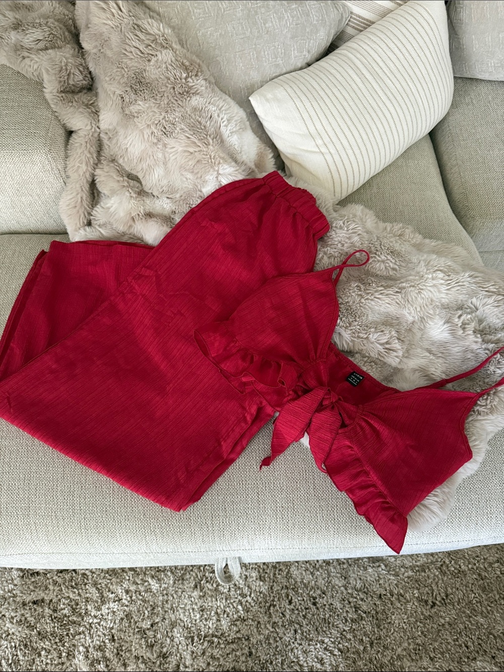 Red Ribbed Tie-Front Crop Top & Matching Pants Set